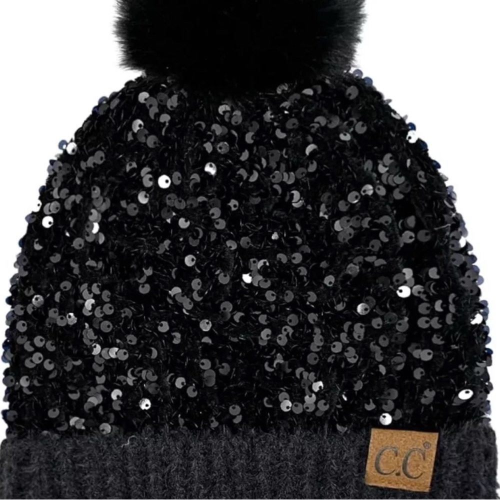 NWT C.C Exclusive Women Winter Soft Knit Shiny Sequin Cuff Beanie Hat with Pom